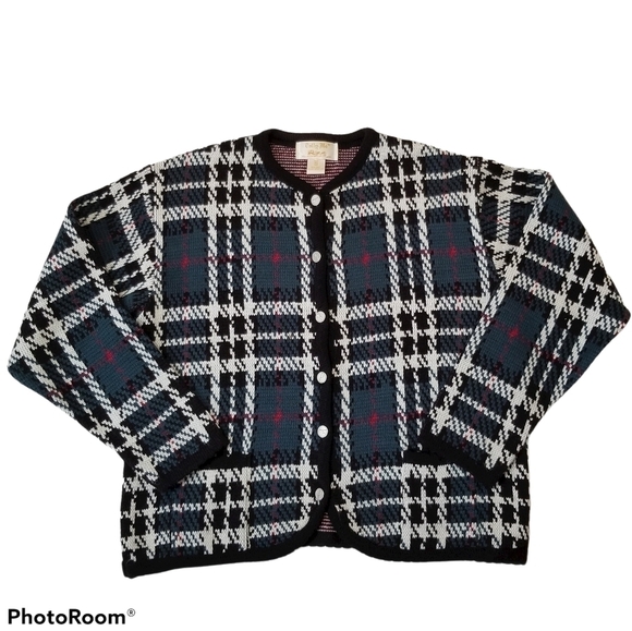 Tally Ho Small Tartan Plaid Teal, Red, White, black Knit Cardigan‎ Sweater - Picture 1 of 9